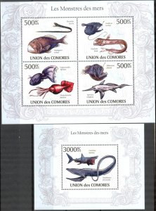 Comoro Islands 2010 Marine Life Fishes Monsters Sheet + S/S MNH