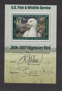 US RW73b - Federal Duck Stamp. Mini Sheet  Dual Signatures. MNH. Cv$180.00