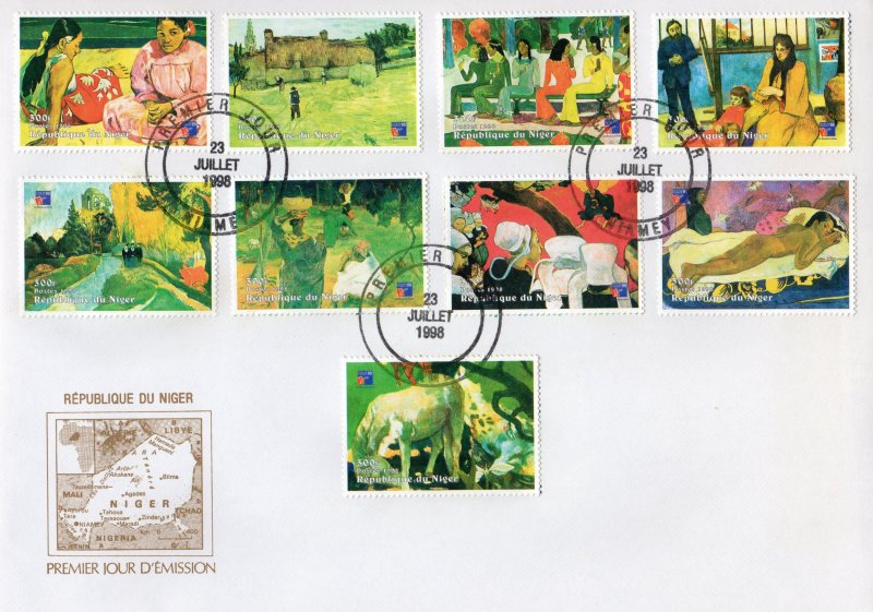 Niger 1998 YT#1293/1301 PAUL GAUGUIN PAINTINGS Set  (9) Perforated FDC