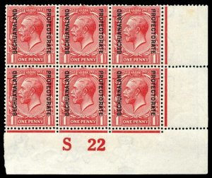 Bechuanaland 1913 KGV  1d carmine-red Control S22 block of six MNH. SG 74a.