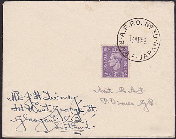 AUSTRALIA FORCES IN JAPAN 1950 cover GB 3d AFPO No.30 RAAF JAPAN............6406 