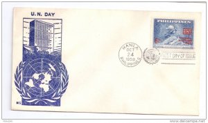 1959 Philippines FDC SC# 806 UN Day 6c Surcharge on 18c Thermograph Cachet Cover