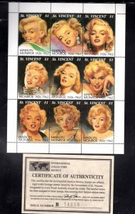 ST. VINCENT #2055 1994 MARILYN MONROE MINT VF NH O.G SHEET9 W/CERT.