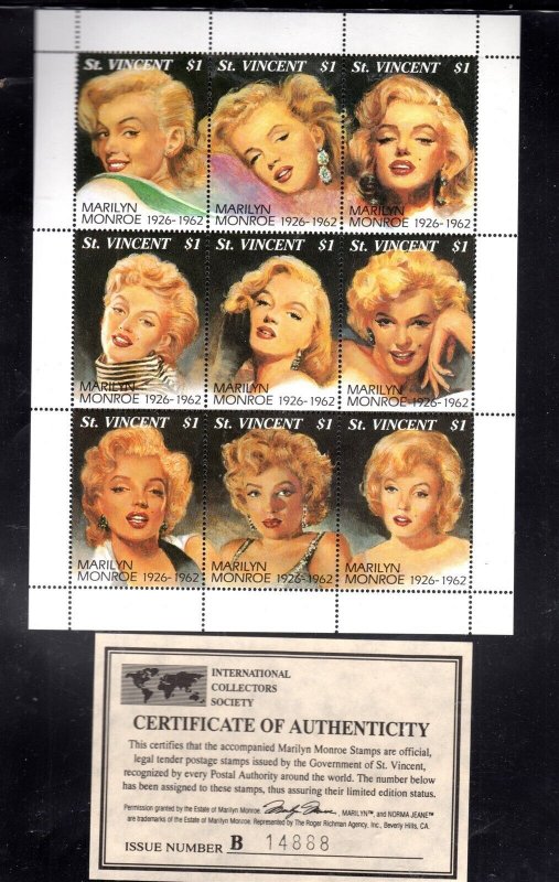 ST. VINCENT #2055 1994 MARILYN MONROE MINT VF NH O.G SHEET9 W/CERT.