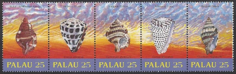 Palau #216a MNH strip of 5, sea shells, Issued 1989