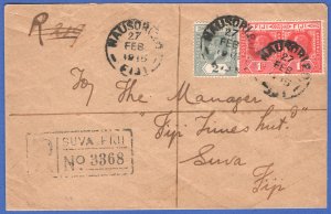 FIJI 1915 Reg. cover NAUSORI P.O. to SUVA, 1d (2) + 2d KGV franking