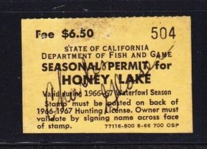 State Revenue California 1966-67 $6.50 Honey Lake Duck Hunting Stamp RARE VF