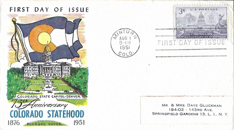 1951 FDC, #1001, 3c Colorado Statehood, Fluegel Cover