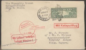 USA Germany 1930 Dampfer Bremen Catapult Flight Cover Amsterdam Munich 103259