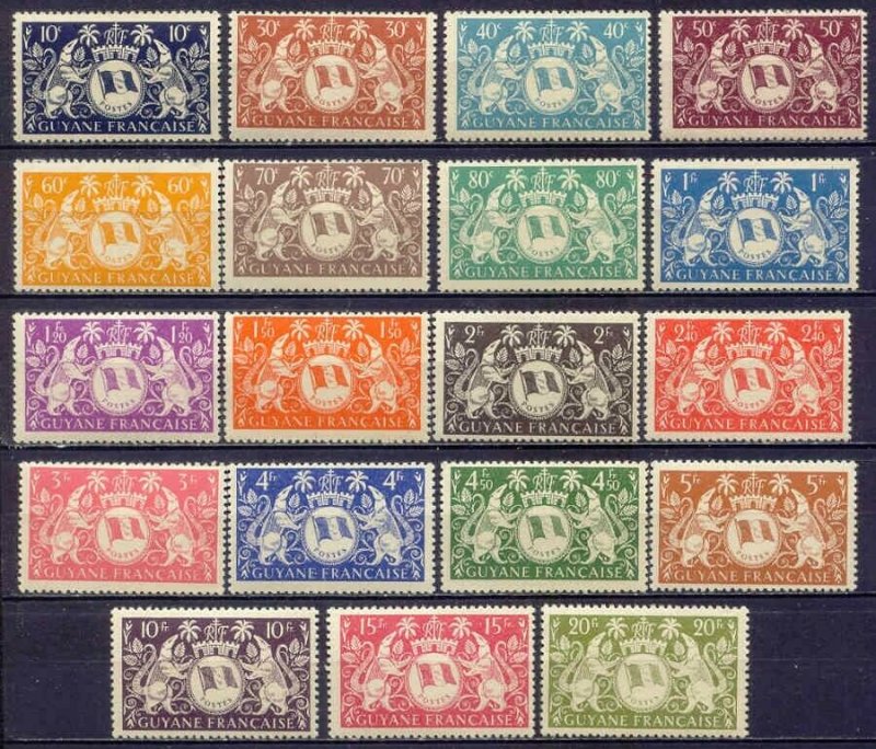 French Guiana 173-191 MNH OG 1945 Arms of Cayenne Full 19 Stamp Set Very Fine