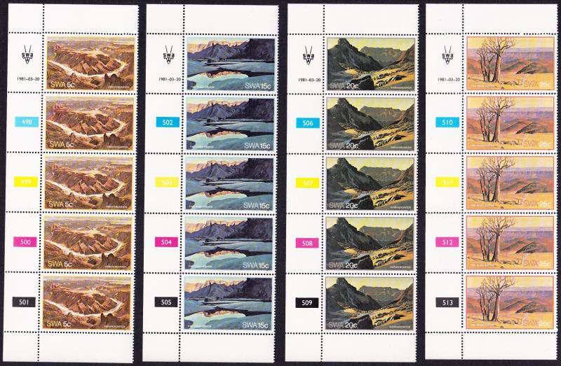 SWA Fish River Canyon 4v Strips of 5 with Control numbers SG#373-376 SC#471-474