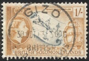 BRITISH SOLOMON ISLANDS  1956  Sc 99 Used 1s QE F-VF, GIZO cancel, mAP