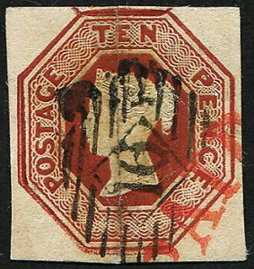 GB 1847 10d sg57 red paid arrival cancel New York & neat London 16 numeral in