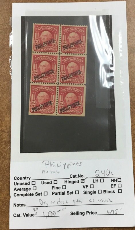 Scott 240a Philippines Overprint Booklet Pane 1904 Issue unused, no tab