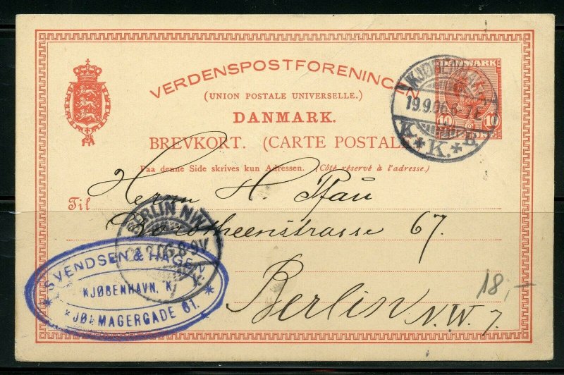 DENMARK COPENHAGEN 9/19/1906 STATIONERY POSTCARD TO BERLIN 9/22/1906 AS SHOWN 