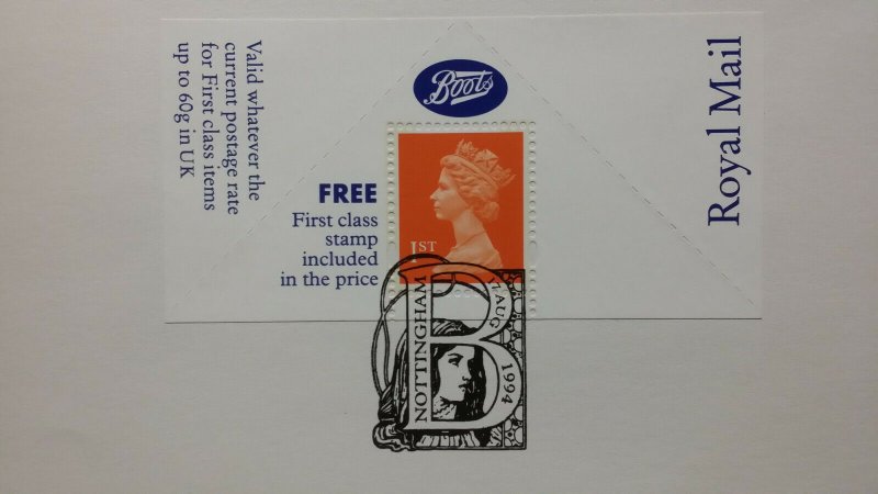 GB 1994 Machin 1st Class Stamp Boots Label FDC Nottingham SHS 