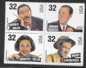 US#3103a  $0.32 Song Writers block of 4  (MNH) CV $3.00