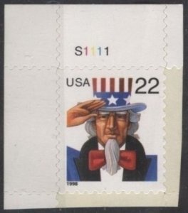 US 3259 (mnh) 22¢ Uncle Sam (s/a, die cut 10.8) (1998)