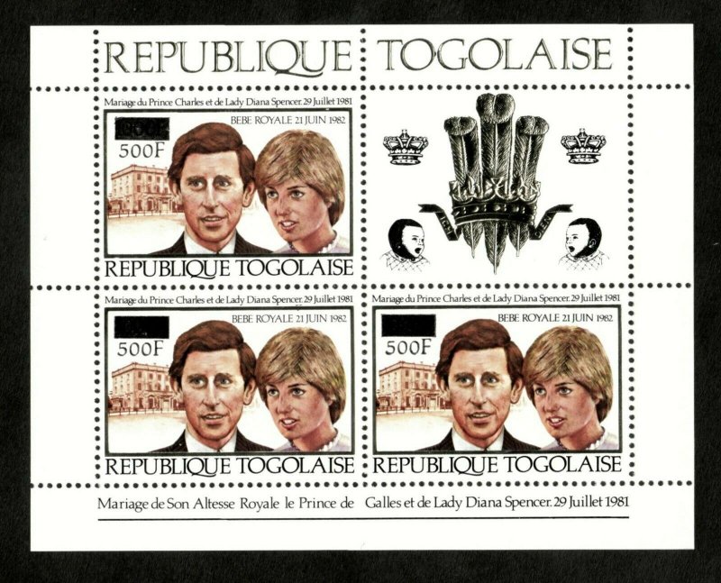 Togo 1982 - Prince Charles Diana Baby OVPT - Sheet of 3 REVAL Stamps #1143A MNH