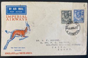 1932 Broken Hill N Rhodesia First Flight Cover To Cairo Egypt 43 Flown Imperial