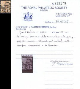 GB Sc# 87 SG# J115 (Plate 13) Used (RPSL Certificate) 1880 1sh Queen Victoria