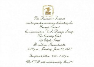 USPS 1st Day Ceremony Invitation #2377 Francis Ouimet Golf 1913 U.S. Open 1988