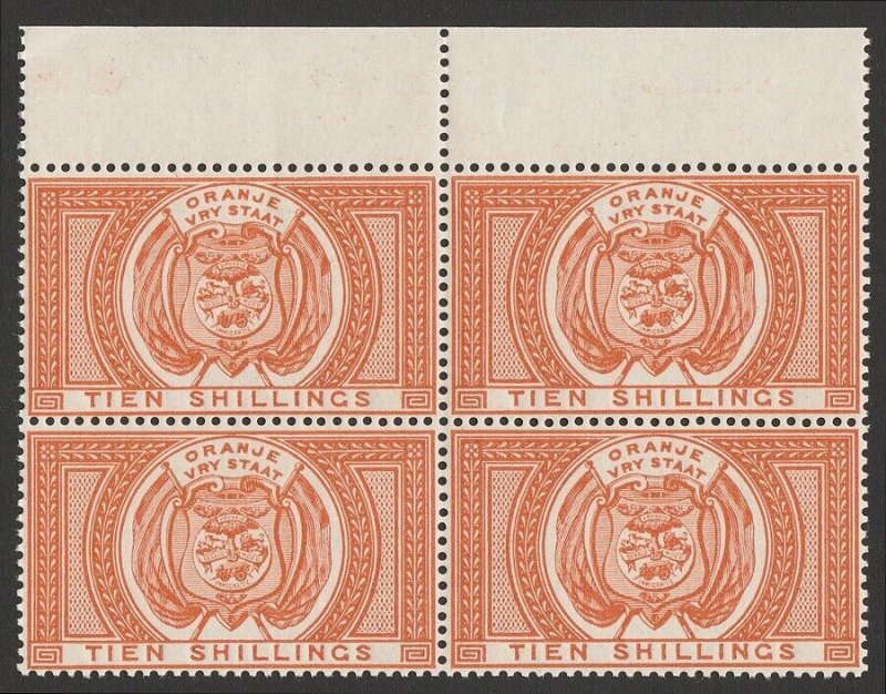 ORANGE FREE STATE 1882 Arms 10/- orange Postal Fiscal, block. MNH **.