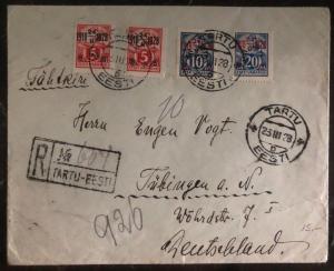 1928 Tartu Estonia Registered Cover To Tubingen Germany Overprinted Stamps