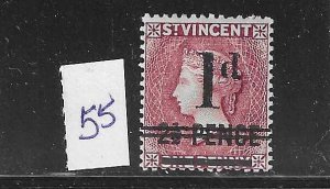 ST. VINCENT SCOTT #55 1885 SURCHARGE 1P ON 2 1/2D ON 1P (LAKE) MINT HINGED