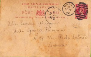 ac6379 - MALTA - POSTAL HISTORY -  Stationery Card to ITALY  1892