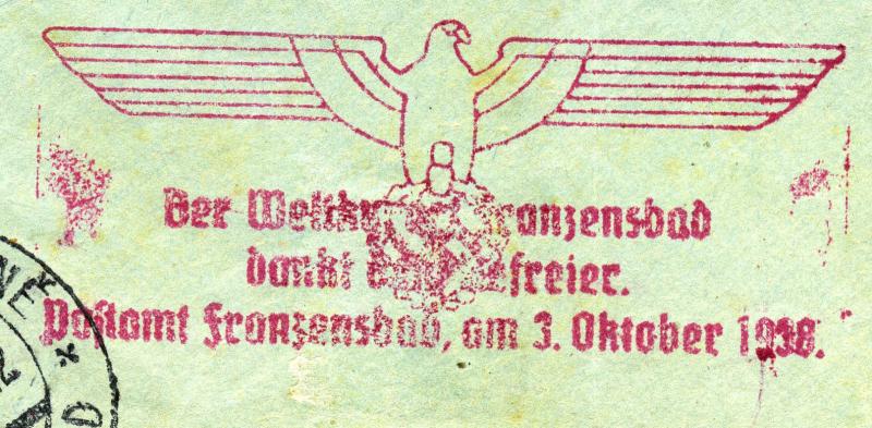 Sudetenland 1938 Cover from Franzensbad to Eger, Prpaganda Cancel