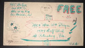 1945 USA Cover Army PO to St Petersburg FL Free Postage Hand Drawn Patriotic