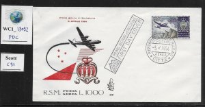 WC1_13092. SAN MARINO. 1951 FDC VENEZIA of FLAG & PLANE. Scott C91 (Sas A99).