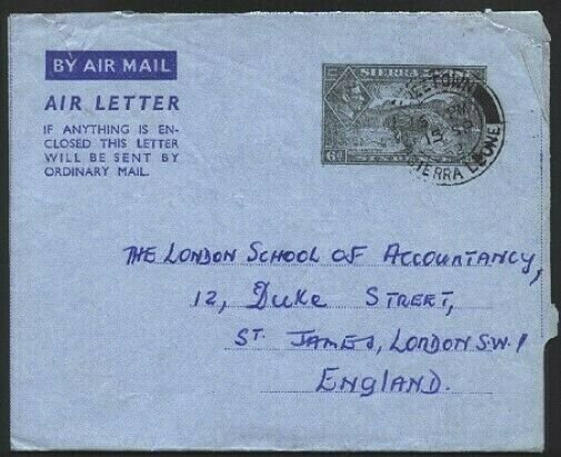 SIERRA LEONE 1952 GVI 6d airletter commercially used Freetown to London....76117