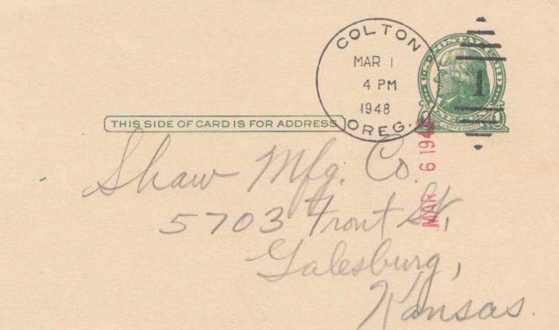 United States Oregon Colton 1948 numeral duplex  Postal Card.