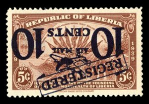 Liberia #CF1, 1941 10c on 5c, surcharge inverted, lightly hinged