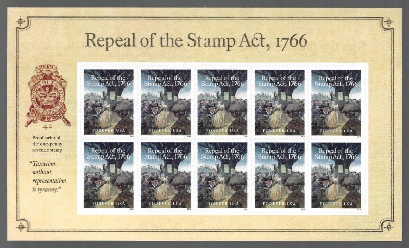 US 5064 - MNH Pane of 10. Repeal of the Stamp Act, 1766. FREE SHIPPING!!