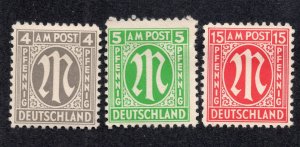 Germany A.M.G. 1945 4pf, 5pf, 15pf, Scott 3N3, 3N4, 3N9 MH, value = 75c