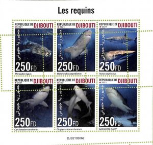 A7443 - DJIBOUTI - MISPERF ERROR Stamp Sheet - 2021 - Sharks, Marine Life-