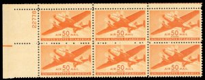 United States, Air Post #C31 Cat$69.50, 1941 50c orange, plate block of six, ...