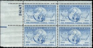 Scott # C43 1949 15c cobalt  Globe & Doves  Plate Block - Upper Left - Mint 