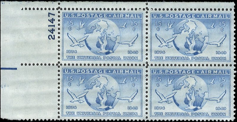 Scott # C43 1949 15c cobalt  Globe & Doves  Plate Block - Upper Left - Mint 