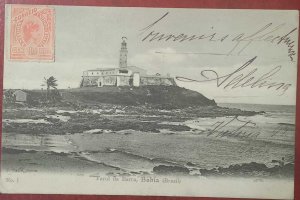 O) 1908 BRAZIL, DA BARRA LIGHTHOUSE, BAHIA, PAINTING - ART. POSTAL CARD CIRCULAT