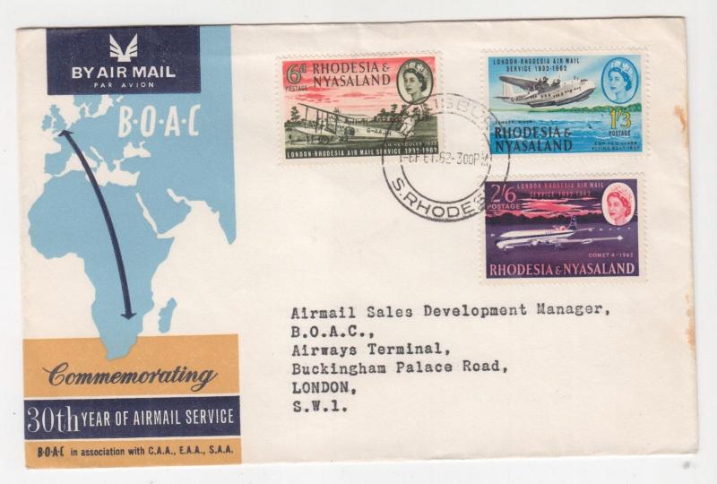 RHODESIA & NYASALAND, 1962 30th. Anniversary Airmail set of 3 on BOAC fdc.