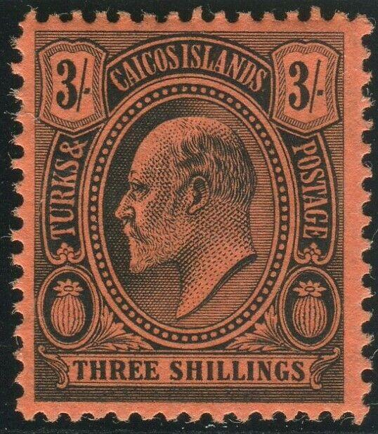 TURKS & CAICOS-1909-11 3/- Black/Red.  An unmounted mint example Sg 126