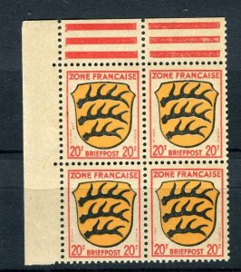 GERMANY ALLIED FRENCH ZONE; 1940s early pictorial MINT MNH MARGIN BLOCK