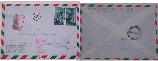 ARGENTINA POSTAGE DUE USED FOR REGULAR STAMP FROM ITALY 1952