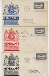 Patriotic FDCs 1943 Overrun Countries Anderson 913 SET OF 3 COLORS NETHERLANDS