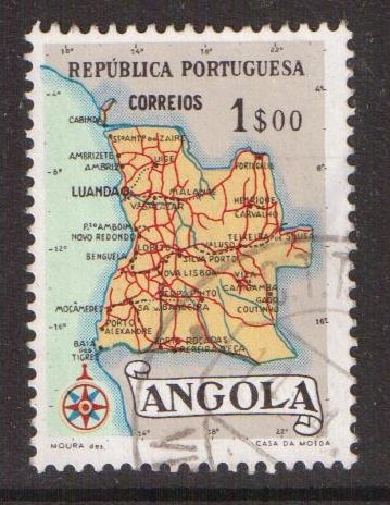 Angola   #389   used   1955  Map of Angola  1e