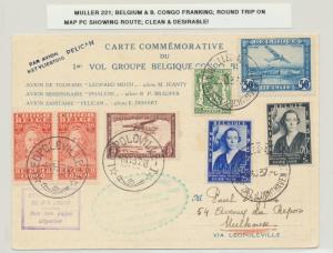 BELGIUM+ BELGIAN CONGO 1937 ROUND TRIP FLIGHT CARD, LEOPOLDVILLE-BRUXELLES